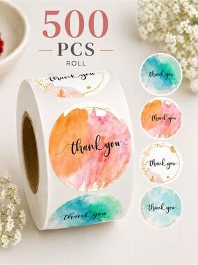 500 Thank You Stickers Roll 1in Watercolor Labels Small Business NWT